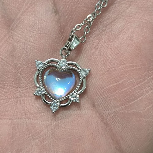 Heart Necklace with Iridescent Stone and Zircon, Stainless Steel, New