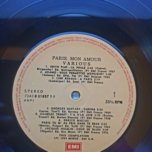 Paris Mon Amour vinyl record like new, 1994 French collection