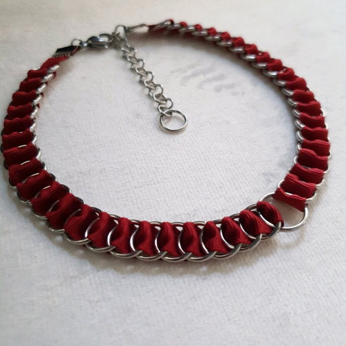 Red Woven Chain Choker with Stainless Steel Handmade