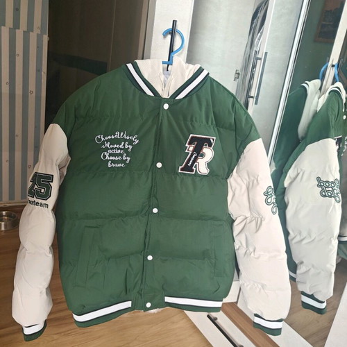 Men's puffer varsity jacket with hood, new, green and white