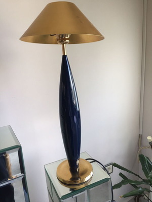 Lacquered blue table lamp with 24k gold-plated shade like new