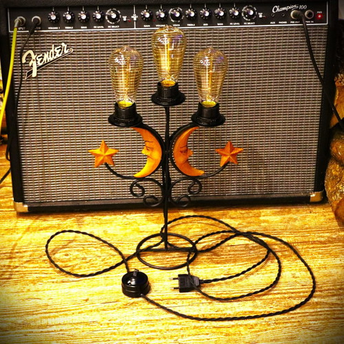 Vintage lamp with 3 Edison bulbs and carved moon designs