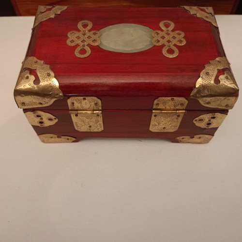 Wooden jewelry box used, red and gold