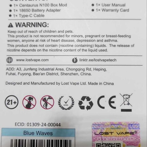 Lost Vape Centaurus N100 Box Mod like new, blue waves