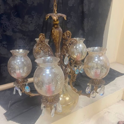 Large 5-Light Bronze Chandelier with Crystal Elements