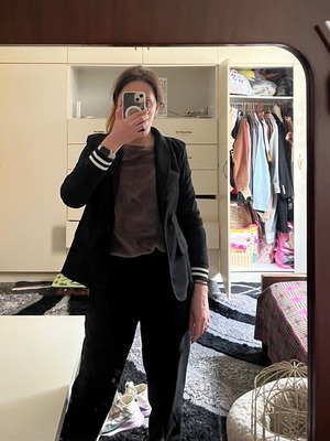 Women's Black Suit Set S Like New, Polyester with Stripes