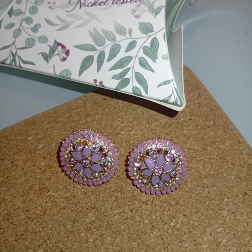 Round handmade earrings with lilac flower and rhinestones