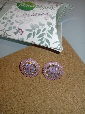 Round handmade earrings with lilac flower and rhinestones