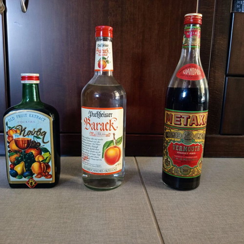 Metaxa Sweet Red Vermouth, Koiva Cocktail, Puchheimer Barack 1L vintage bottles