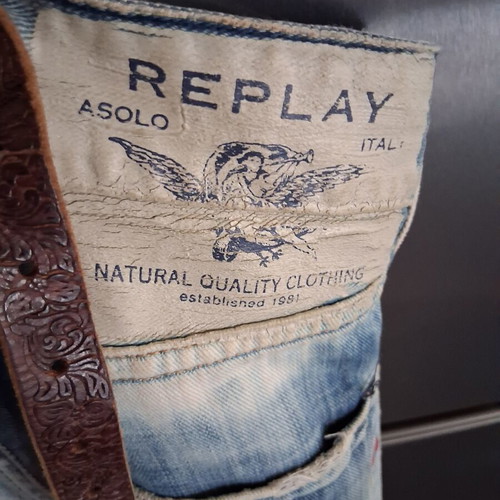 Replay shoulder bag used, blue denim with leather handles