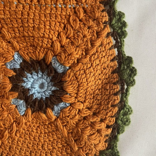 Vintage handmade crochet rug 83x49cm with 70s granny squares, used