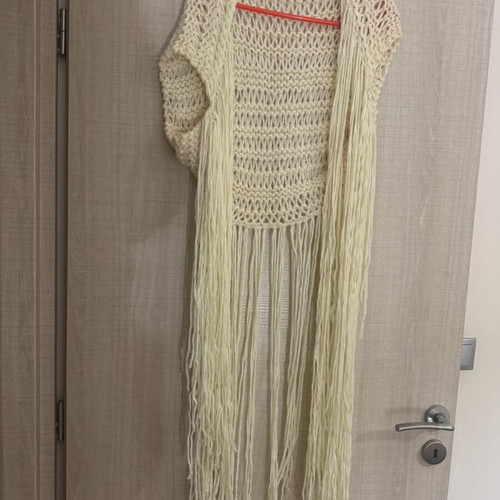 Handmade bolero vest knitted with long fringes, beige, new
