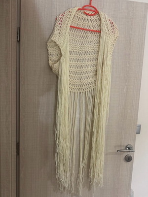 Handmade bolero vest knitted with long fringes, beige, new