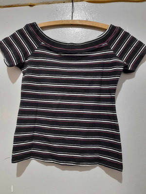 Tally Weilj black short-sleeve blouse with burgundy and white stripes, size L