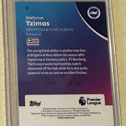Stefanos Tzimas RC EPL Topps Chrome card /75