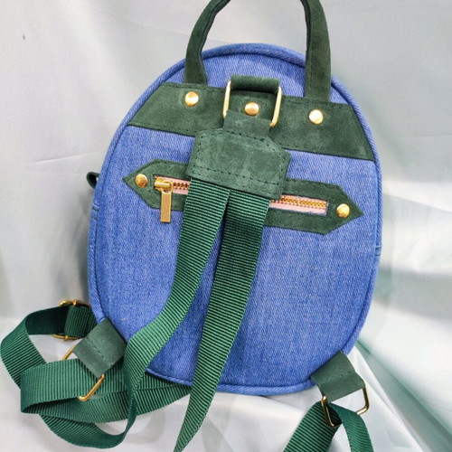 Mini backpack handmade from denim and genuine leather
