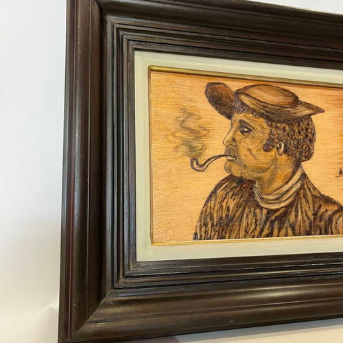 Vintage pyrography wall art with sailor depiction and artist signature used