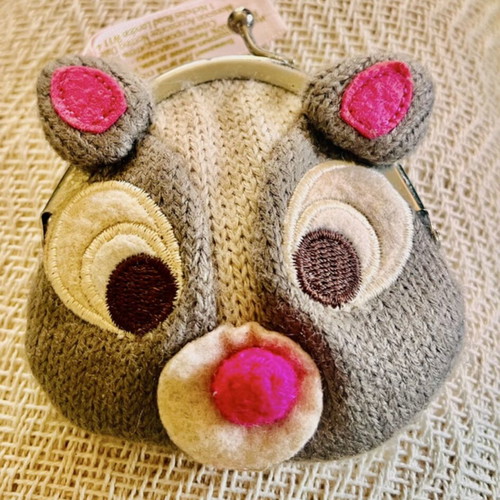 Vintage knit coin purse with animal embroidery and fuchsia pompom