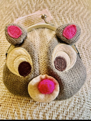 Vintage knit coin purse with animal embroidery and fuchsia pompom