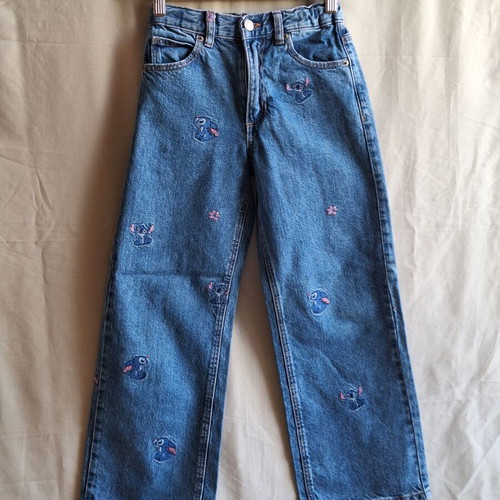Zara Kids Disney Stitch wide leg embroidered denim jeans, size 9