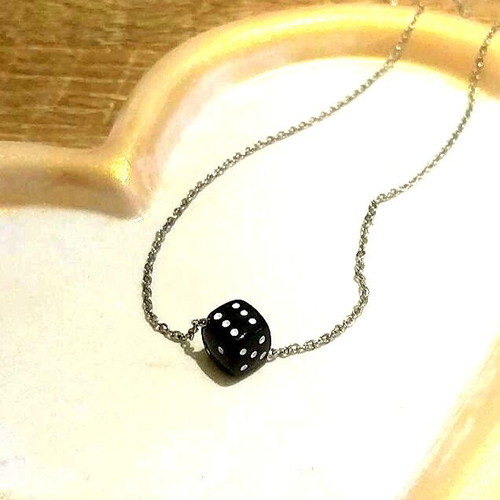 Stainless steel handmade necklace with black dice cube and silver chain