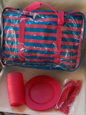 Picnic bag with 4 plastic plates, 4 cups and 4 unused cutlery