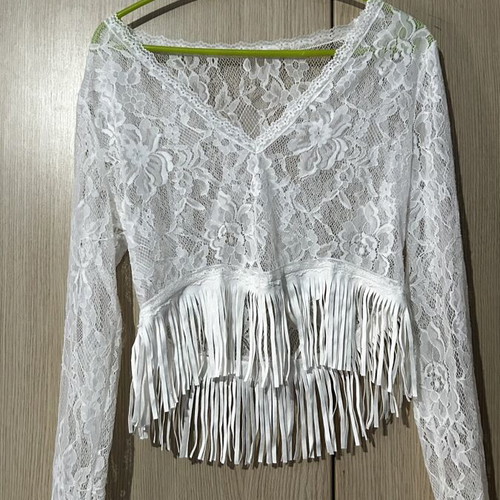 Lace top with fringes medium size like new, white