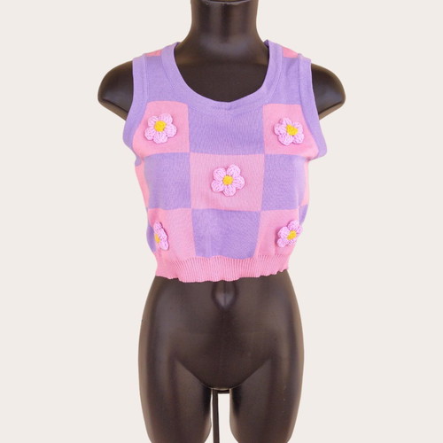 Daisy Street pink and purple knitted vest with 3D flowers new, size S/M