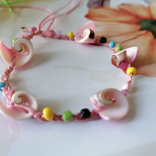 Handmade anklet new with natural shells, pink waxed thread and colorful beads