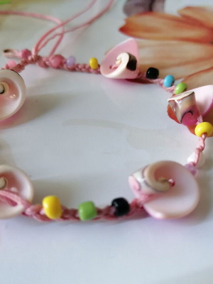 Handmade anklet new with natural shells, pink waxed thread and colorful beads