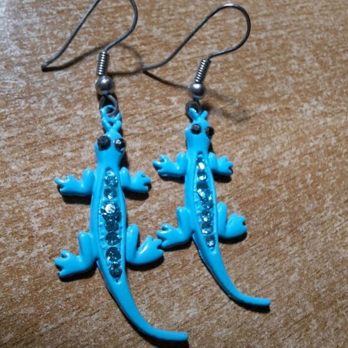Lizard Earrings steel turquoise with rhinestones like new