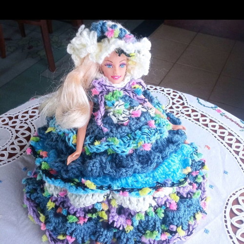 Handmade knitted dress and hat set for doll, bathroom decor