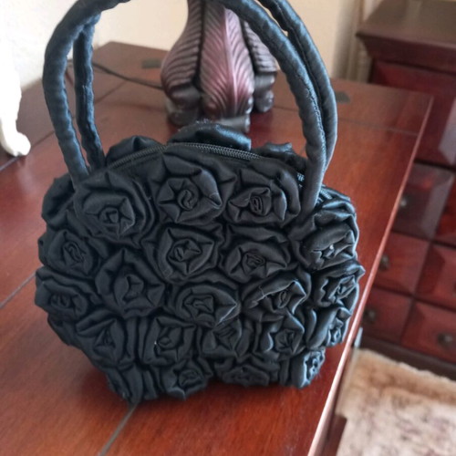 Satin black bag with flowers like new, handheld