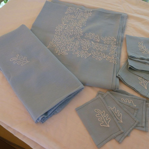 Vintage embroidered cotton tablecloths set with napkins used