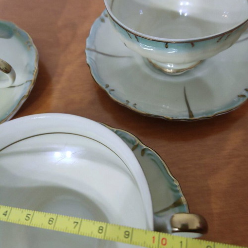 Porcelain cups like new, set of 3, with saucers, green shade