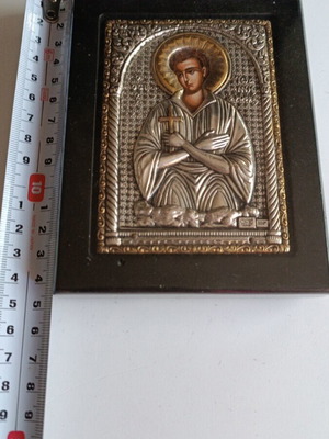 Silver icon of Saint John the Russian used, Clarte 999 with wooden frame