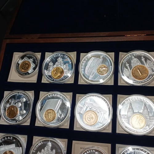 European coin collection with silver and gold-plated medals, pre-euro