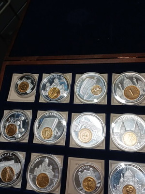 European coin collection with silver and gold-plated medals, pre-euro