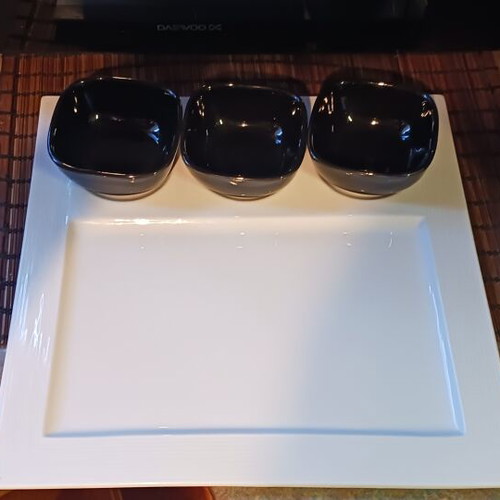 Aslanis porcelain square serving tray with 3 bowls