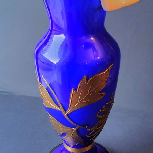 Vintage Bohemia Cobalt Blue Vase with Gold Floral Decoration, Like New