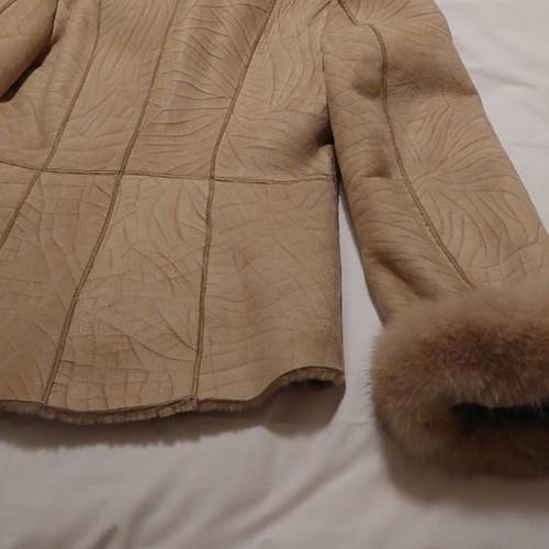 Women's mouton jacket used, beige with fox fur, size M/L