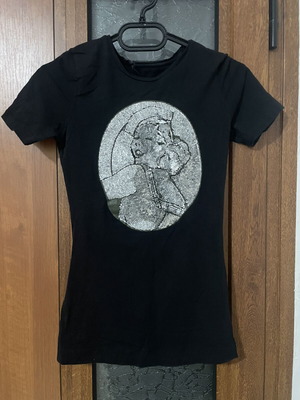 Black T-shirt with Sequin Print, Used, Size S