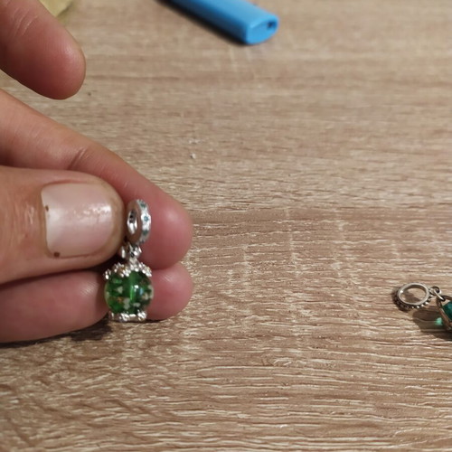Pandora 925 silver bracelet with 2 charms, green heart and glowing dog