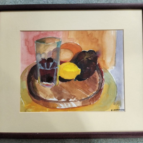 Original watercolor still life painting with fruits, framed, 2013