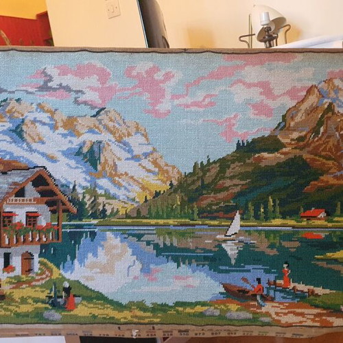 Handmade embroidery like new with landscape theme, ready for framing 50x115