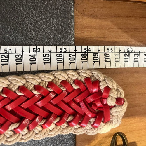 Knitted belt like new, ecru cotton with red synthetic leather and bronze buckle