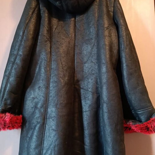 Antares shearling coat with red faux fur hood and cuffs