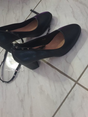 Black pumps with chunky heel and studded tie used, size 36