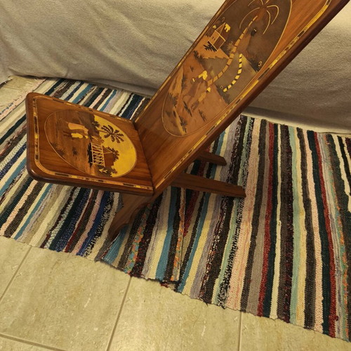 Handmade wooden folding chair from Madagascar used, decorative marquetry