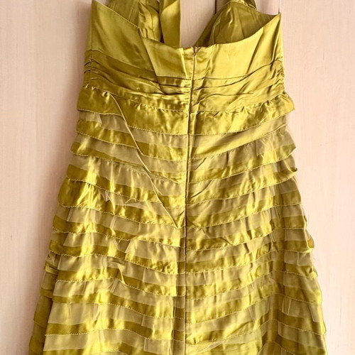 Lime satin dress like new, size S, halter neck with ruffles